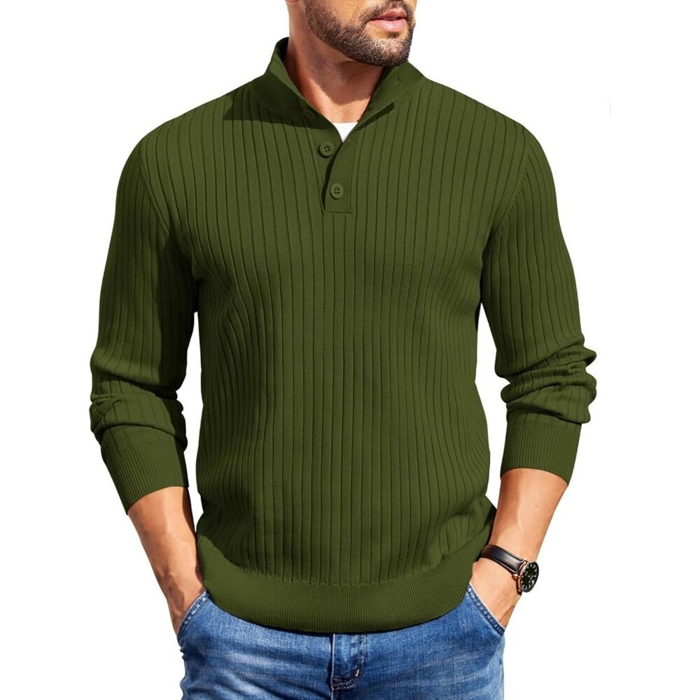 Men's Quarter Button Sweater Long Sleeve Stand Collar Sweater Knitted Army Green